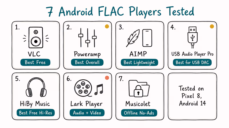 Grid of seven Android FLAC players with category badges.