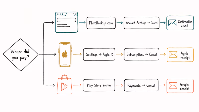 Hand-drawn flowchart of three FlirtHookup cancellation routes web account iPhone subscriptions and Google Play