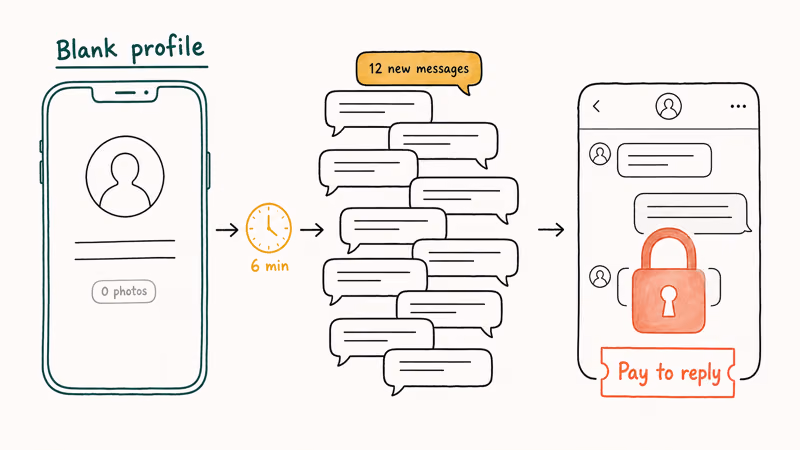 Hand-drawn notion illustration of empty profile flooded with twelve chat bubbles stalled at paywall lock
