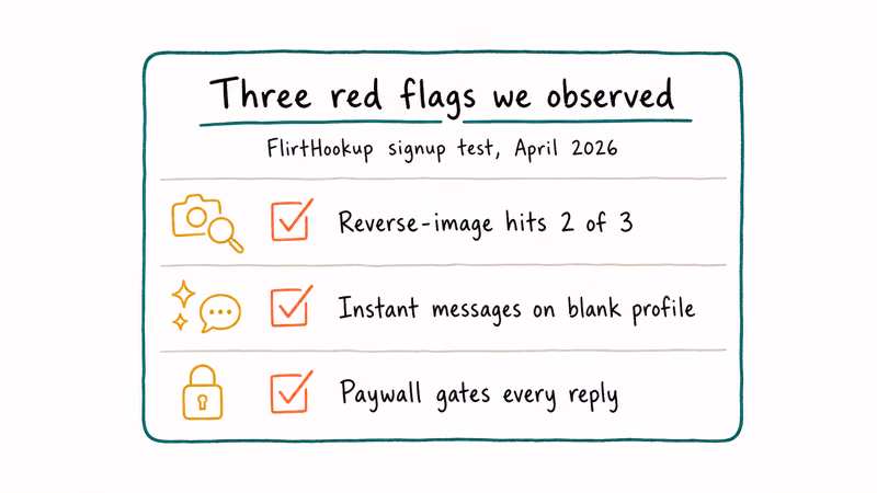 Hand-drawn checklist showing three FlirtHookup red flags reverse image hits instant messages and paywall gating