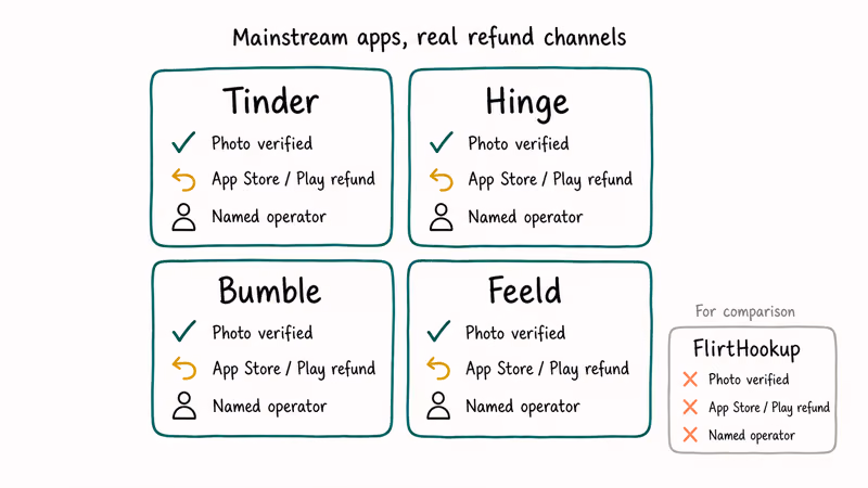 Comparison grid of Tinder Hinge Bumble and Feeld with safety badges.