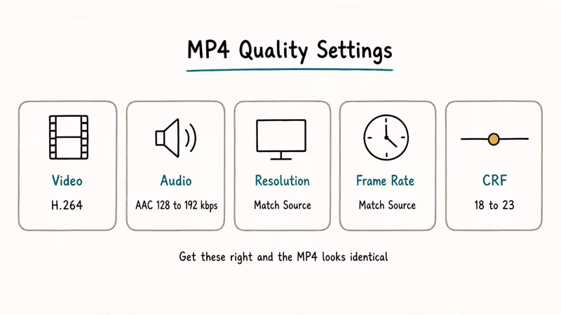 Cards showing MP4 codec audio resolution frame rate and CRF settings.