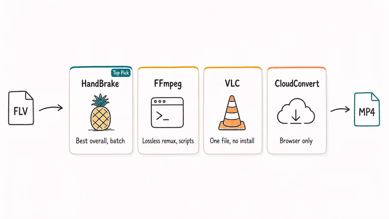 Hand-drawn comparison of HandBrake FFmpeg VLC and CloudConvert with use case captions for FLV conversion