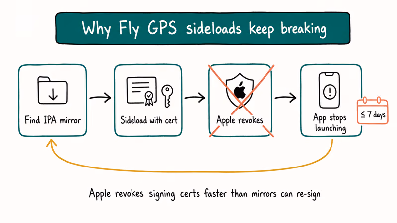 Cycle showing Fly GPS sideloads breaking after Apple revokes certificates.