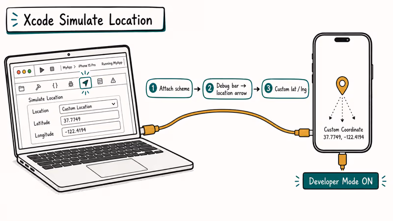 Flow showing Xcode Simulate Location sending GPS coordinates over USB.