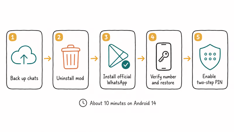 Five-step illustration showing clean migration from modded client back to signed WhatsApp
