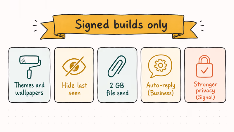 Hand-drawn grid of official WhatsApp features replacing modded client cosmetic options safely
