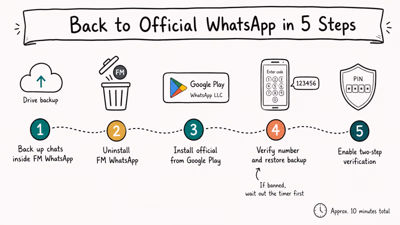 Hand-drawn five step path for returning from FM WhatsApp to official WhatsApp safely