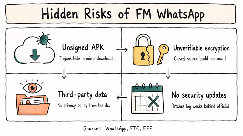 Four-panel illustration of FM WhatsApp risks including malware encryption third-party data and missing patches