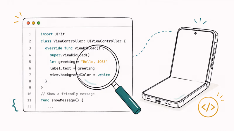 Magnifying glass over iOS 27 code hinting at a foldable iPhone with a folding device outline nearby