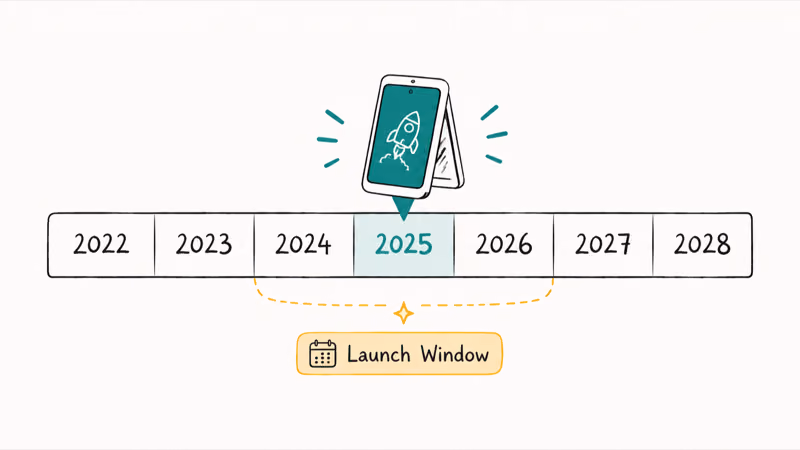 A calendar strip marking the possible launch window for a foldable iPhone over the next couple of years