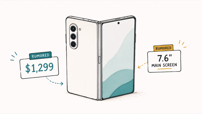 A foldable iPhone illustration with rumored price tag and specification callouts shown around the device