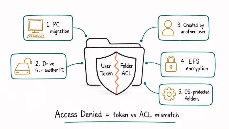 Diagram showing five causes of Windows folder access denied as ACL token mismatch cards