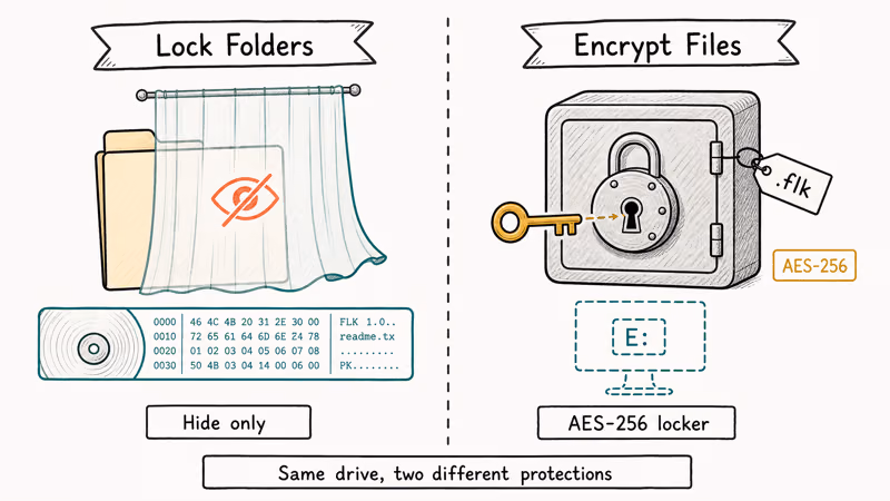 Diagram contrasting Folder Lock hide-only mode with AES-256 encrypted locker container files.