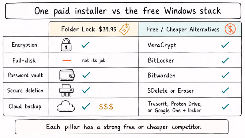 Comparison chart of Folder Lock features versus BitLocker VeraCrypt Bitwarden and SDelete free alternatives.