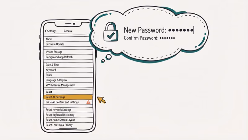 iPhone settings screen showing Reset All Settings option for backup password