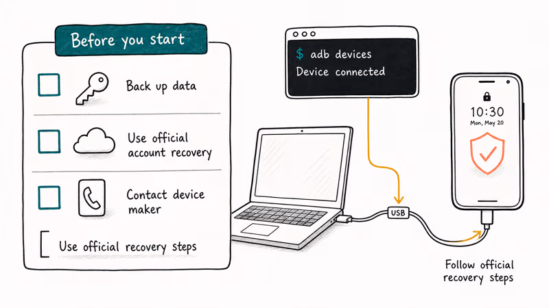Diagram of ADB preconditions checklist alongside laptop terminal commands removing the Android lock file