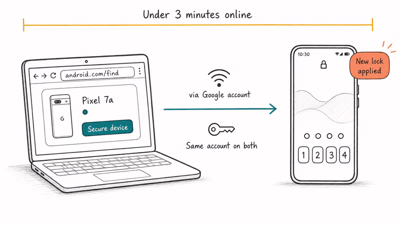 Three-stage diagram showing browser sign-in pushing a new lock screen to a remote Android phone