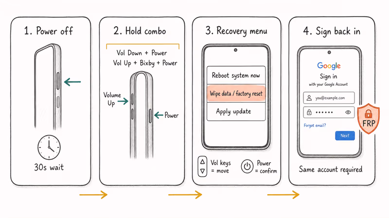 Four panels showing recovery wipe menu and FRP sign-in after reset.