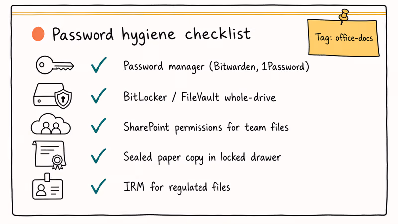 Hand-drawn five-item checklist of Excel password prevention habits with small icons per item.