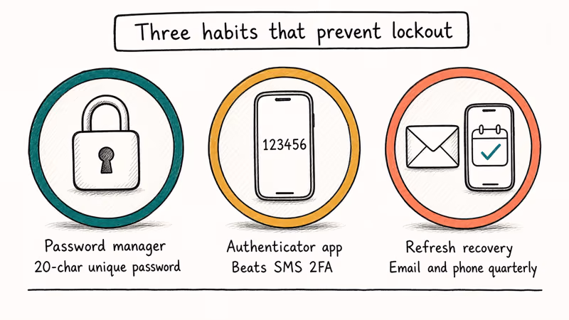 Triad showing password manager authenticator app and updated recovery contacts.