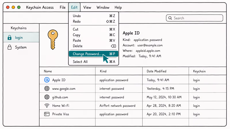Keychain Access window with the change password menu option highlighted