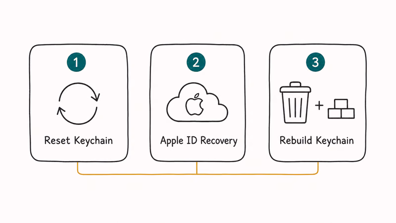 Three labeled cards showing the main Keychain password recovery methods