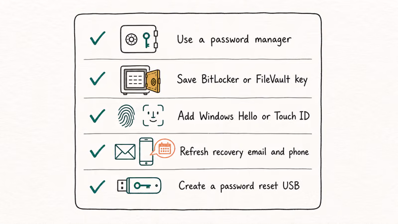 Five-item prevention checklist showing password manager, recovery key safe, biometrics, recovery contacts, reset USB