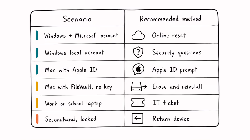 Matrix mapping six common laptop lockout scenarios to the recommended official recovery method