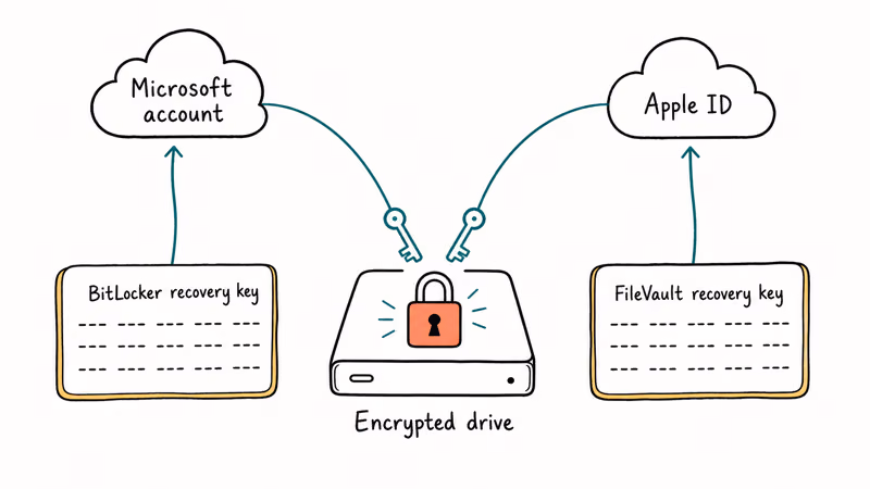 Illustration showing where BitLocker and FileVault recovery keys are stored in Microsoft and Apple accounts