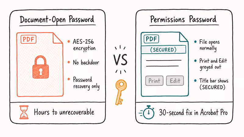 Side-by-side comparison of PDF document-open password and permissions password protections
