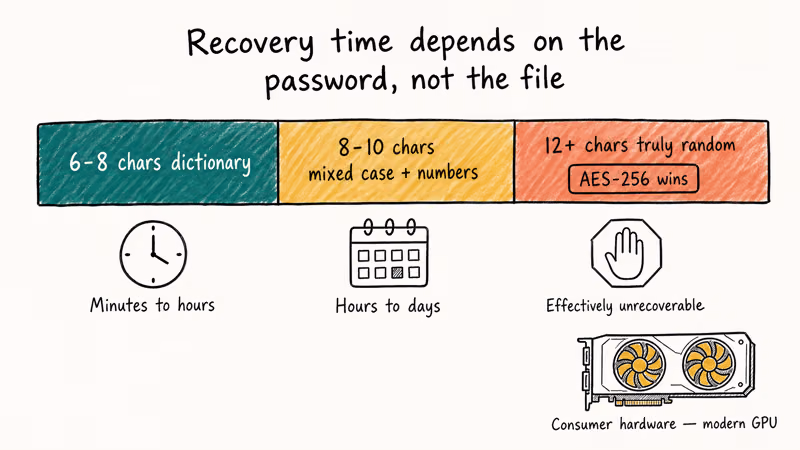 Timeline comparing realistic recovery times for short, medium, and long PDF document-open passwords