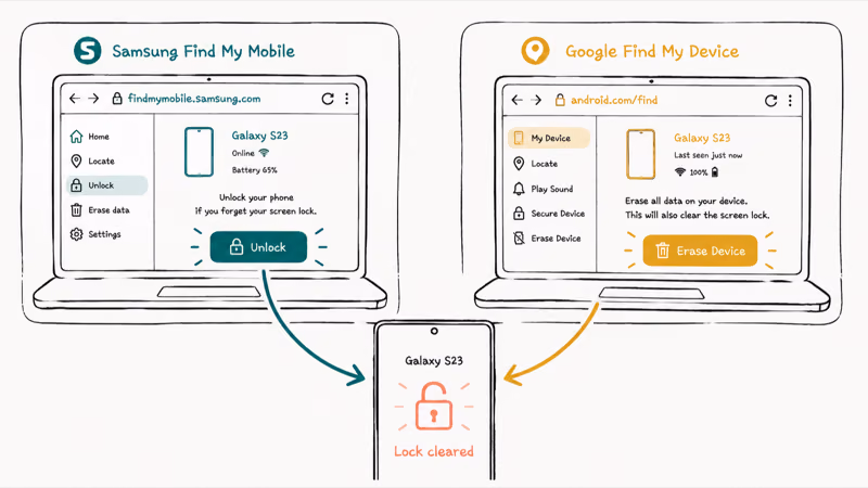 Two-panel split comparing Samsung Find My Mobile unlock with Google Find Hub erase reaching same Galaxy