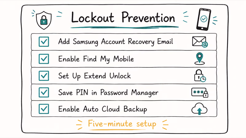 Hand-drawn checklist of five prevention steps to avoid future Samsung Galaxy lockouts with five minute caption