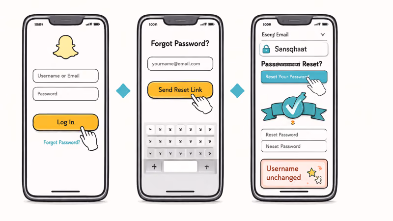 Three-panel phone flow tapping Forgot Password entering email opening reset link and setting fresh password