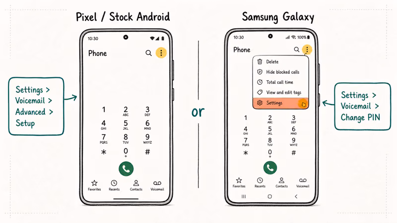 Side by side Pixel and Samsung Phone app menus showing voicemail PIN reset navigation paths