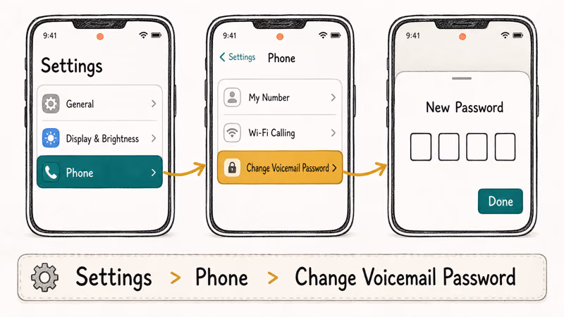 iPhone Settings flow from Phone menu to voicemail PIN entry.