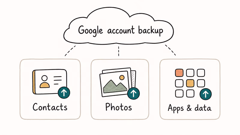 Hand-drawn three card backup checklist contacts photos and apps with Google account cloud backup before formatting Android phone