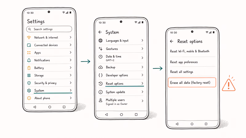 Hand-drawn Android Settings cascade through System Reset options and Erase all data factory reset with a warning triangle