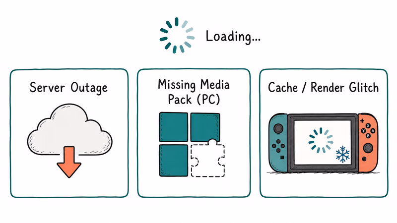 Three common causes of a Fortnite loading stall shown as labeled cards