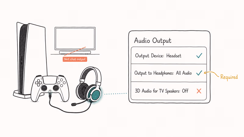Illustration of PS5 audio output settings routing chat audio through headset instead of TV speakers.