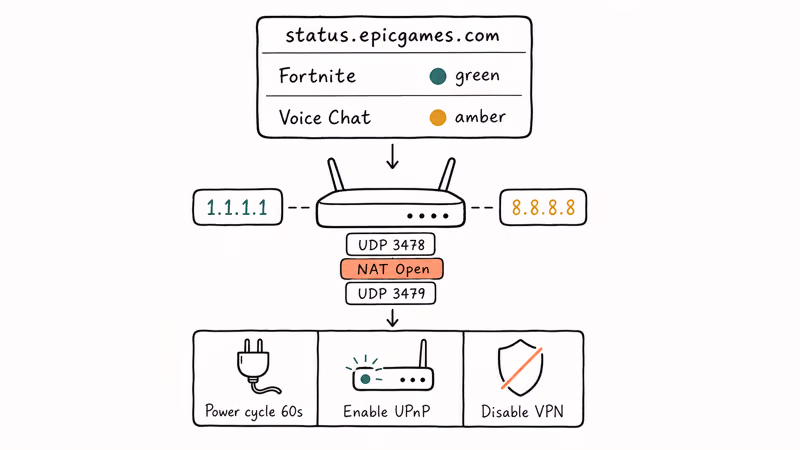Network troubleshooting diagram showing DNS NAT and UDP checks for Fortnite voice.
