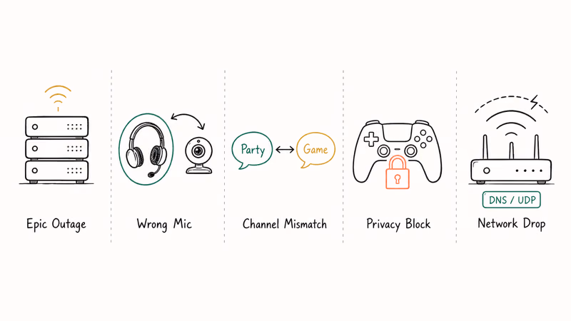 Hand-drawn diagram showing five common reasons Fortnite voice chat fails on PC and consoles.