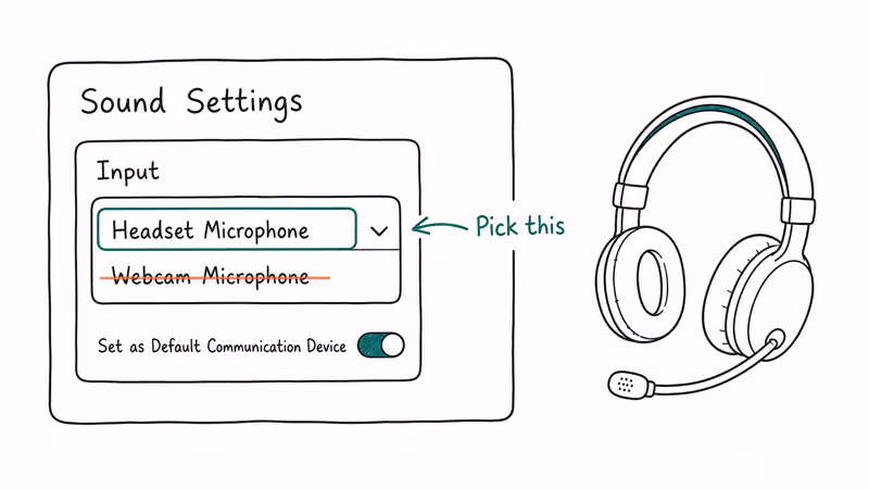 Illustration of Windows 11 sound settings panel highlighting headset microphone selection over webcam mic.