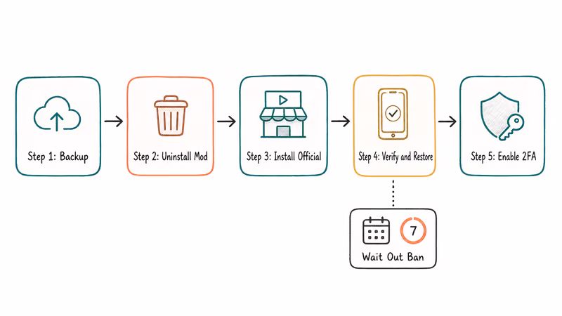 Five-step flowchart for backing up uninstalling reinstalling and securing official WhatsApp after a mod