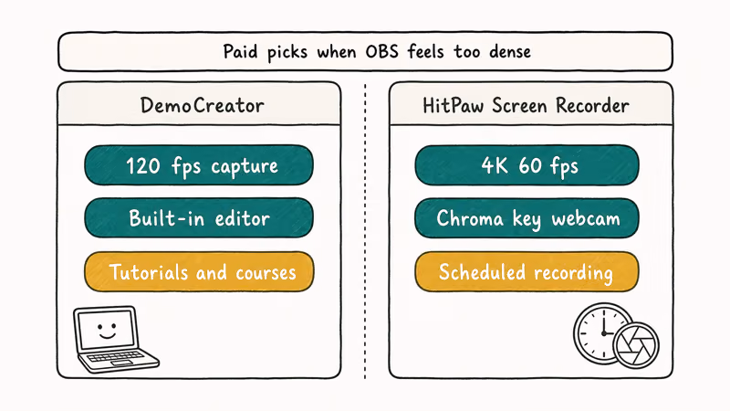 Two product cards comparing DemoCreator and HitPaw Screen Recorder headline features for paid alternatives.