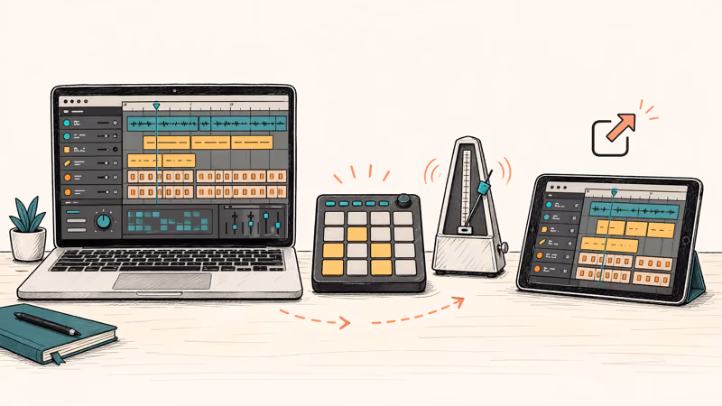 Free Mac beat-making workspace with drum pads and export flow
