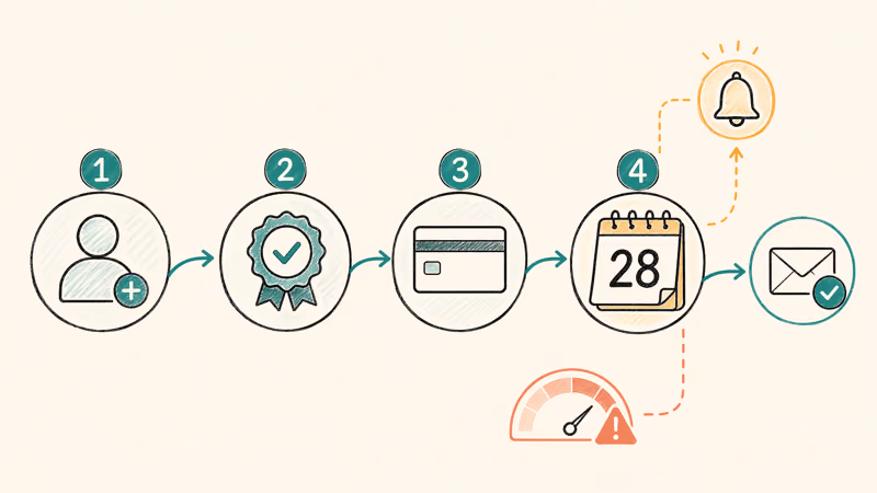 Legal trial signup flow with payment method and cancellation reminder