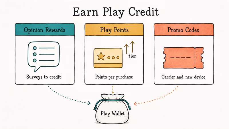 Hand-drawn comparison of three Google Play credit sources Opinion Rewards Play Points and promo codes.