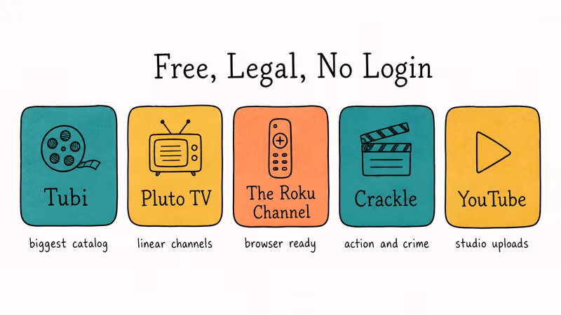 Hand-drawn comparison of five legal free streaming apps Tubi Pluto Roku Crackle and YouTube.